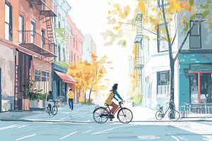 Illustration of a woman riding a bicycle on a sunny day in a city neighborhood, a Photo by Textures & Backgrounds