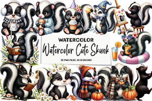 Watercolor Cute Skunk Clipart, an Illustration by DreamArtGraphic