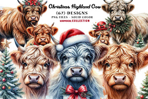 Christmas Highland Cow PNG Bundle, a Seasonal Illustration by CreationArt