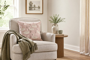 Cozy living room with swan decor pil, a Photo by Dvoevnore photos