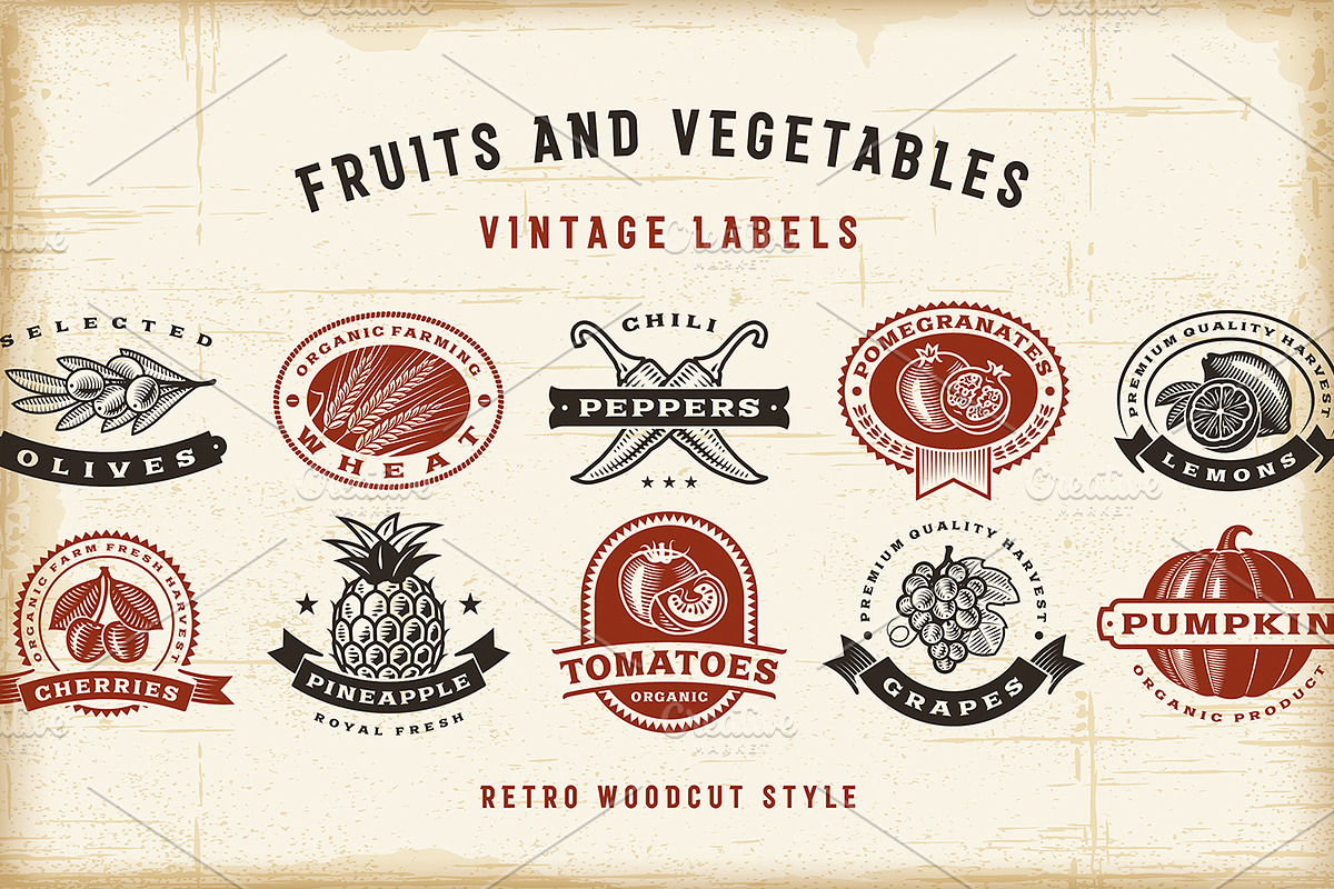 Vintage Fruits And Vegetables Labels, a Food Illustration by Retro Graphics (Photo 1 of 2)