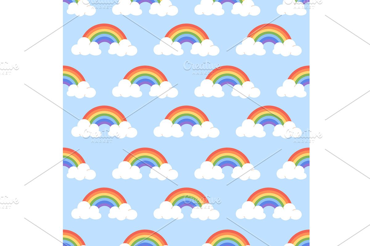 Rainbow and clouds seamless pattern, an Illustration by LadadikArt