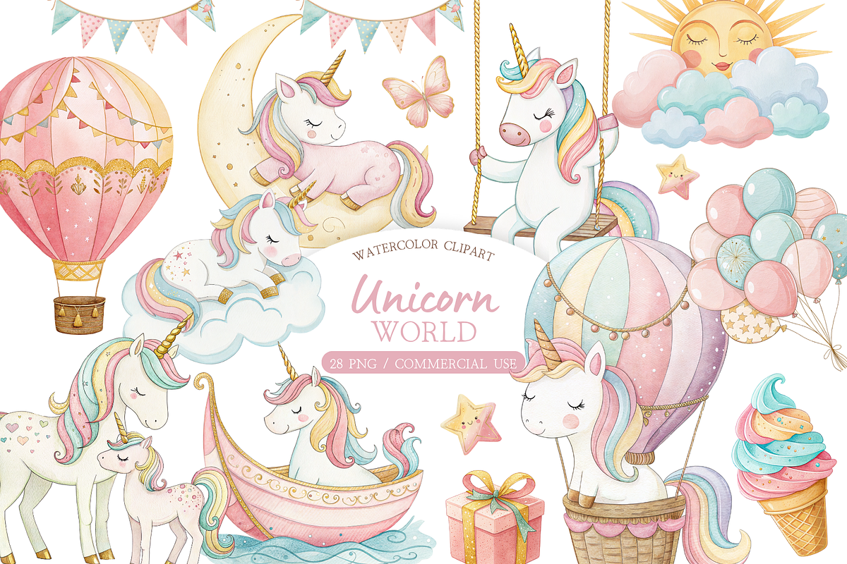 Unicorn World Watercolor Clipart, an Illustration by MockupWizard (Photo 1 of 6)