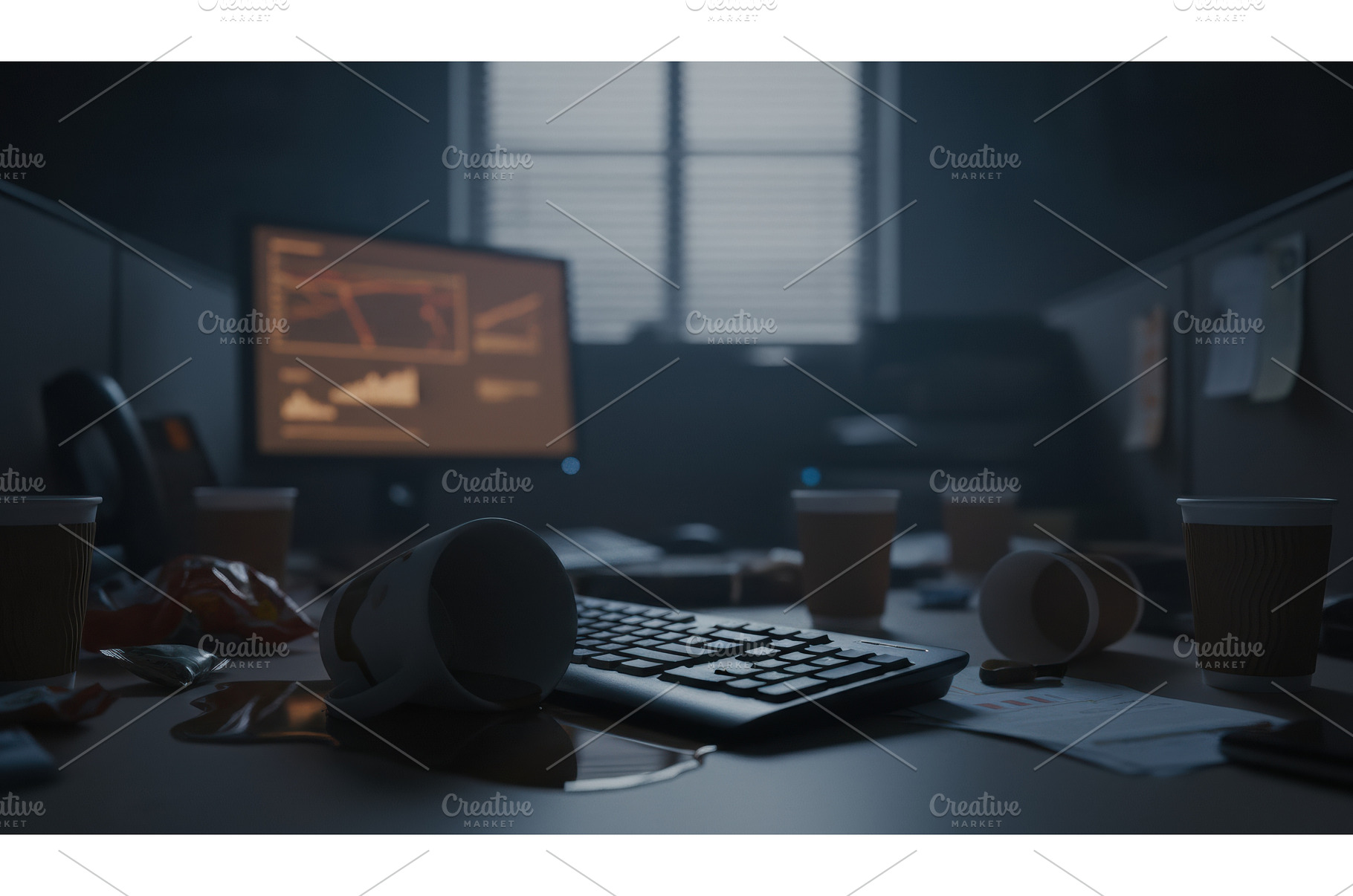 Dark and messy office cubicle desk, a Technology Photo by Igor Tichonow