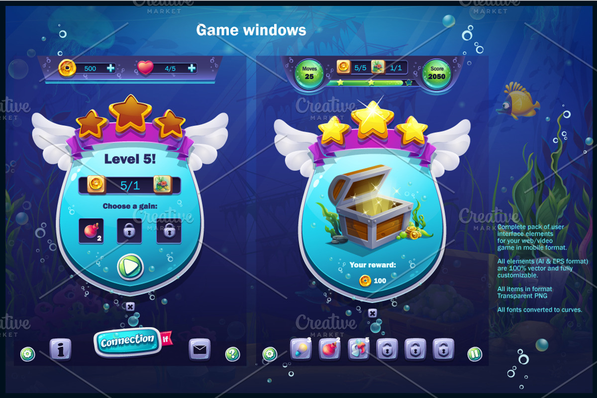 Fish world - casual game UI, an Illustration by Nearbirds | Creative Market
