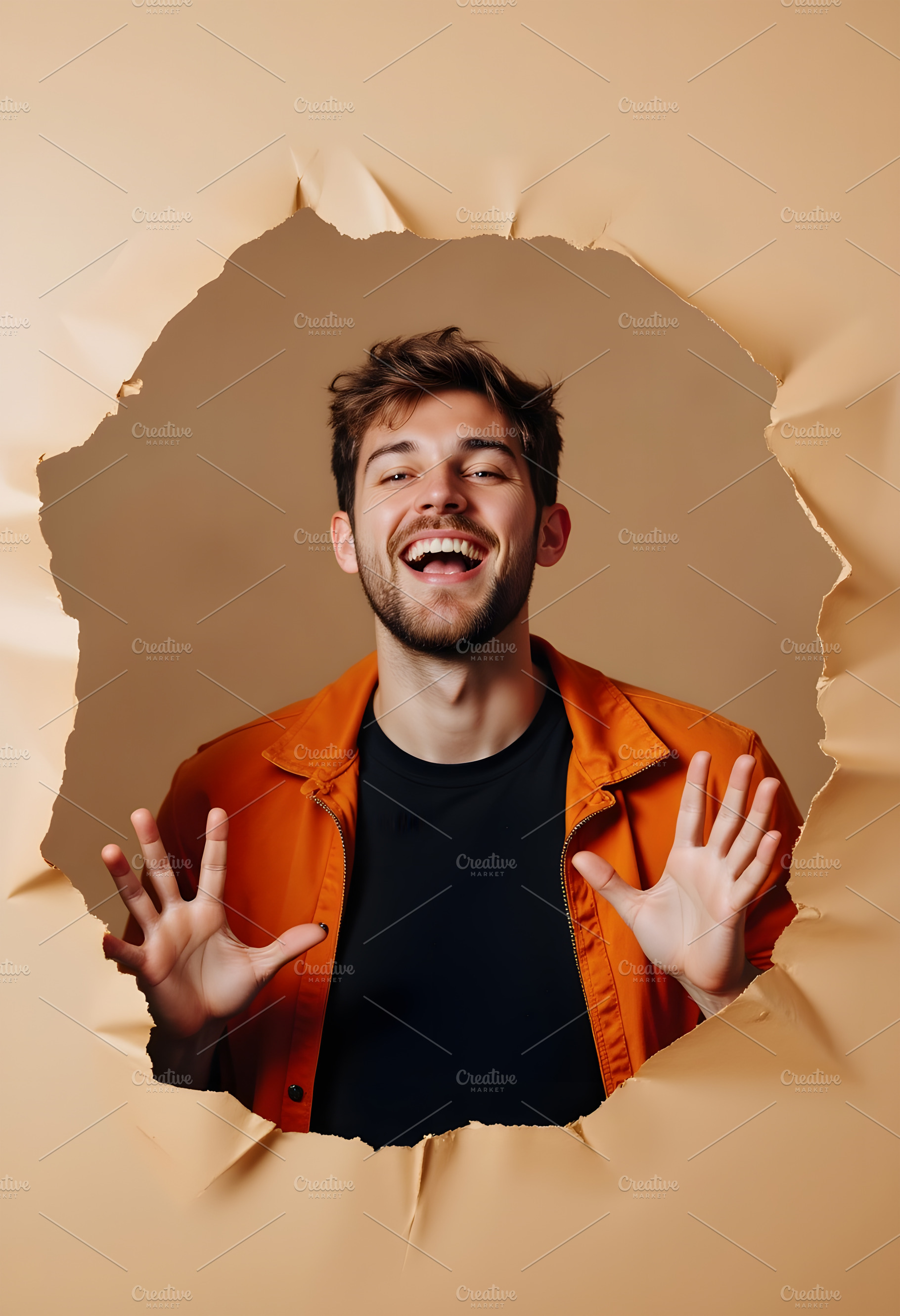 Man Bursting Through Ripped Paper Ba, a Person Photo by Stock Shape