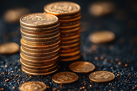 Stacks of shiny coins on a dark surf, a Photo by Tanuart