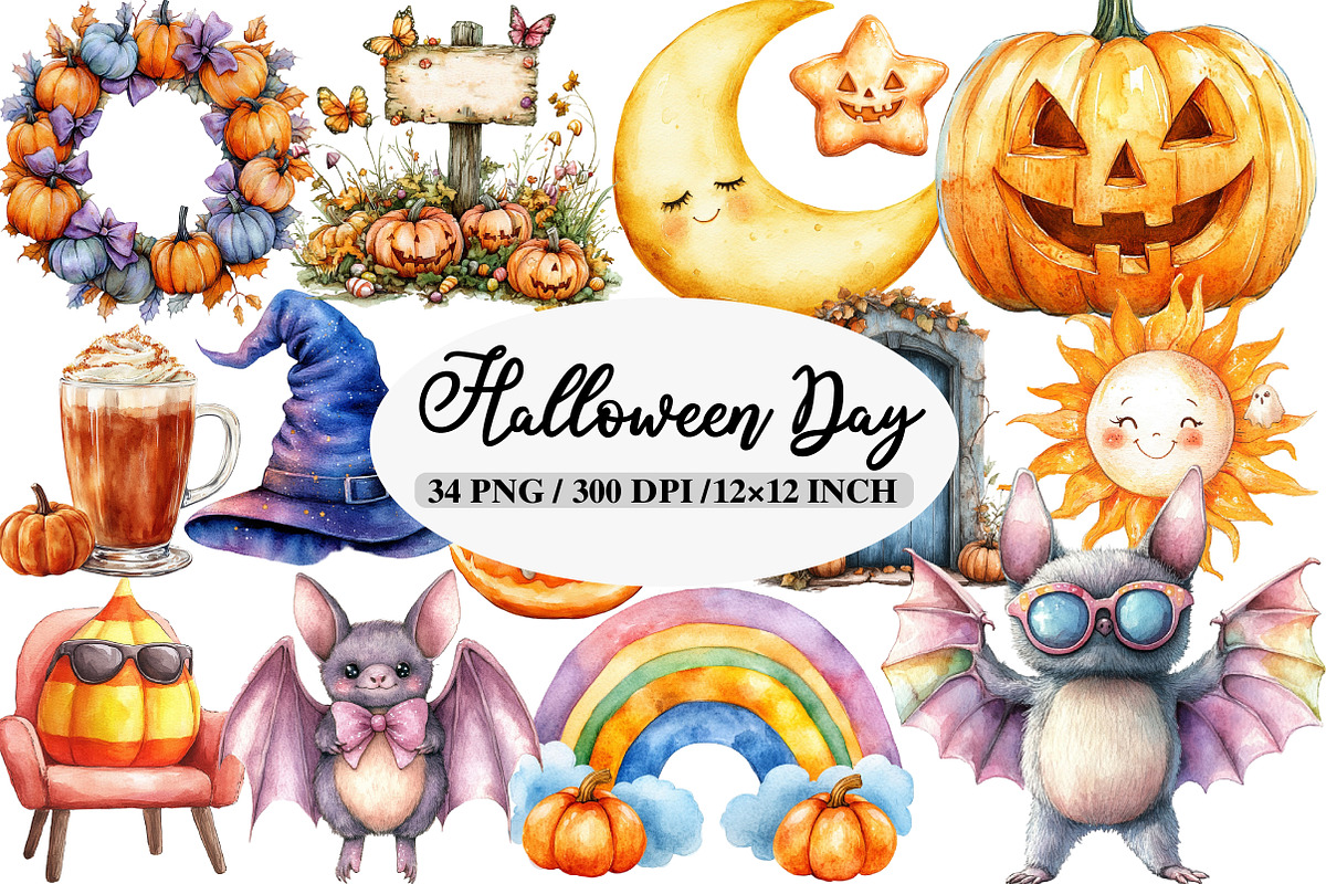 Watercolor Halloween Day Clipart, an Illustration by Daily.Designs (Photo 1 of 5)
