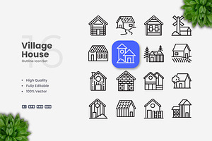 Village House Outline Icons, an Outline Icon by Upnowgraphic