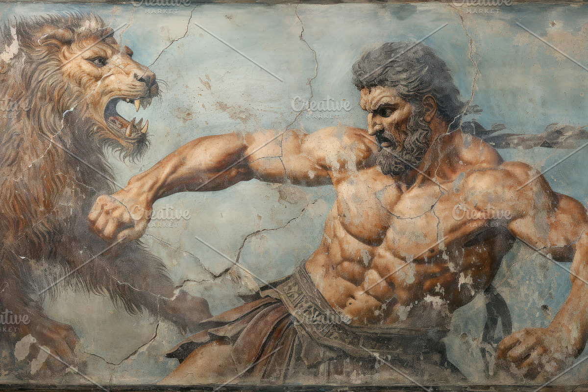 Old wall painting with Hercules figh, an Illustration by Lopatin Photo