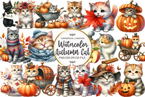 Watercolor Autumn Cat Clipart, an Illustration by OK Design
