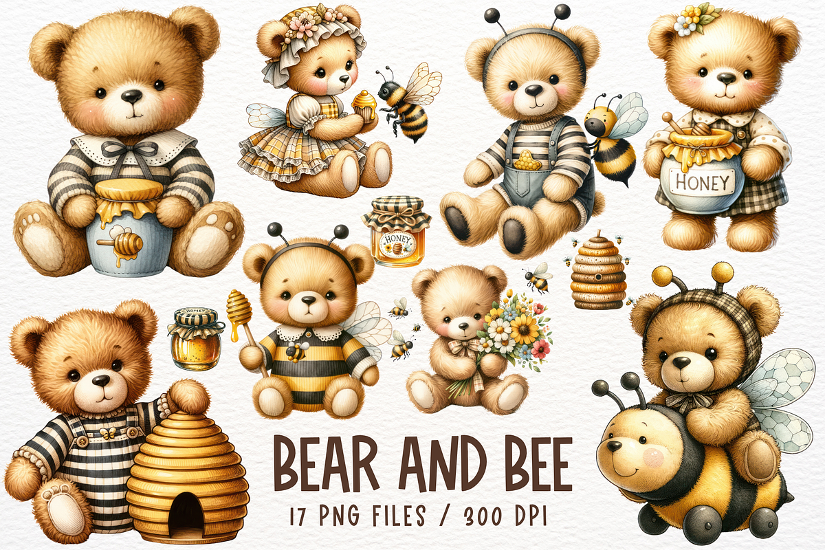 Bear and Bee Watercolor Clipart, an Animal Illustration by Maysa Art (Photo 1 of 6)