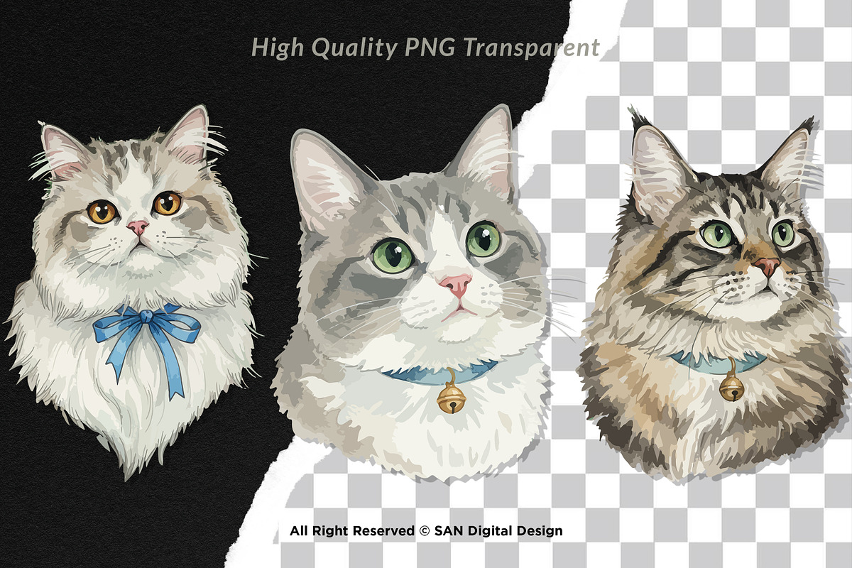 15 Bundle Watercolor Cats Face Flufy, an Animal Illustration by Morspective (Photo 2 of 8)
