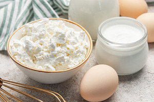 Dairy products and eggs for healthy breakfast and baking, a Food & Drink Photo by Olena Rudo