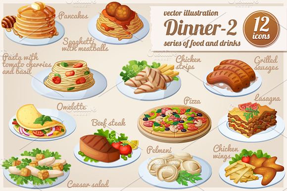 Dinner 2 Cartoon Vector Food Icons