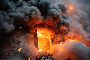 Fire consumes building, sending thick smoke and flames into the night sky as cr, a Photo by AlyaAnd