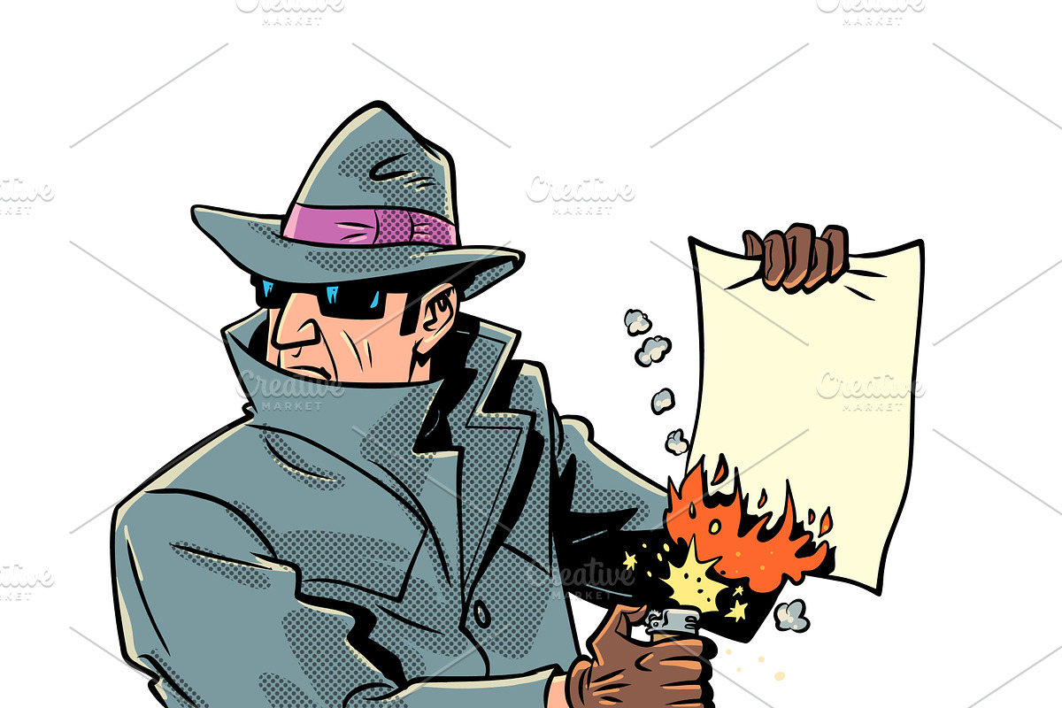 Male spy burns evidence. Security, a Person Illustration by rogistok