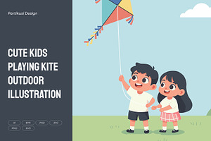 Cute Kids Playing Kite Outdoor, a Person Illustration by Partikusi Design