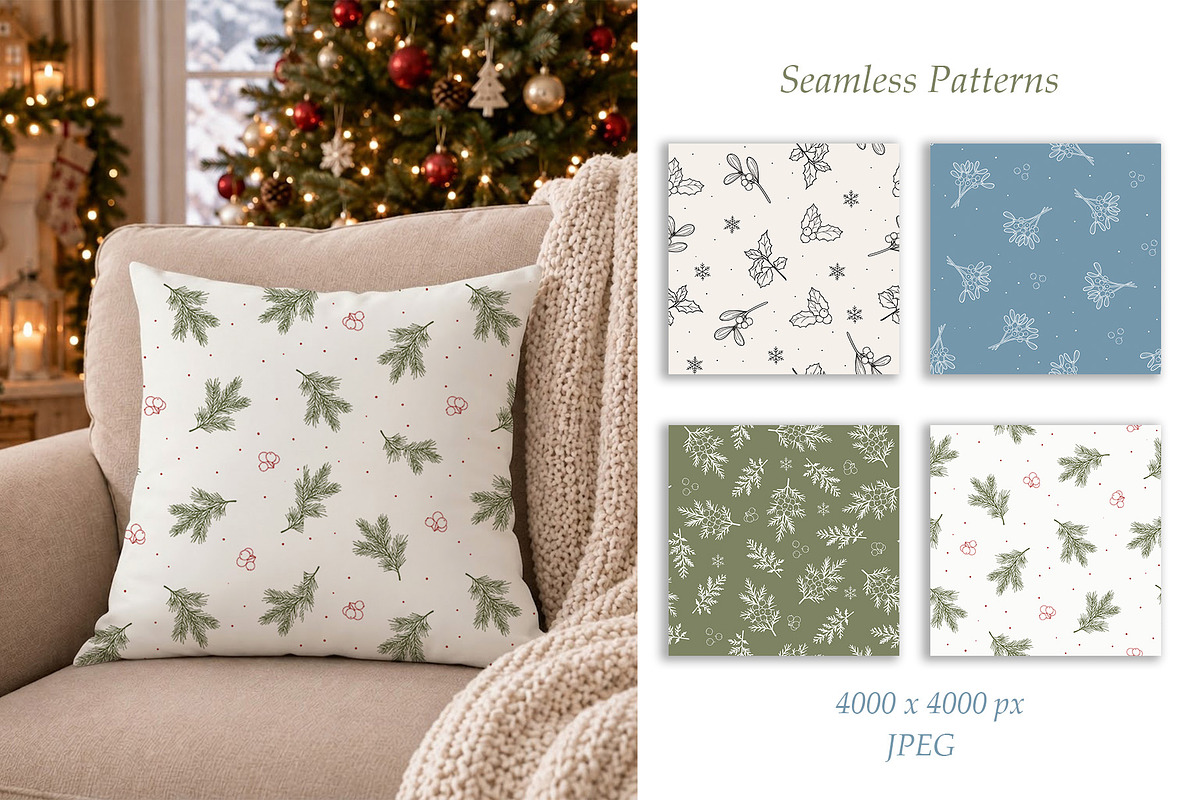 Christmas Floral Clipart & Patterns, a Seasonal Illustration by ArtGiftsStudio (Photo 2 of 5)