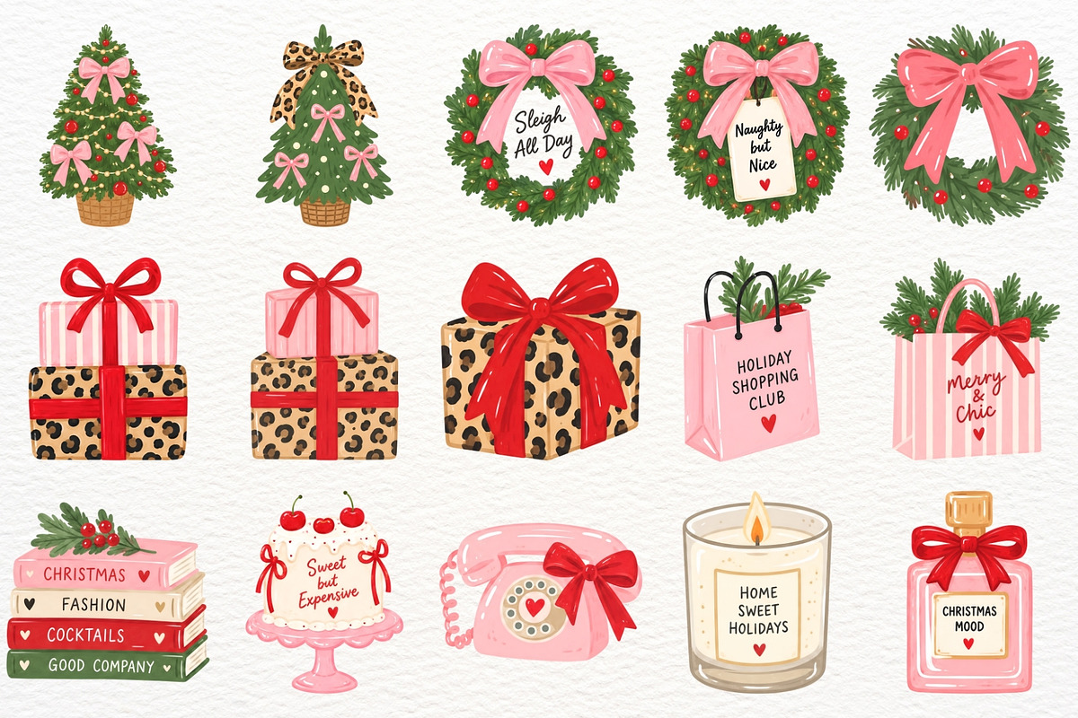 Girly Christmas Clipart Leopard Bow, a Seasonal Illustration by SugarCloudStudioArt (Photo 4 of 6)