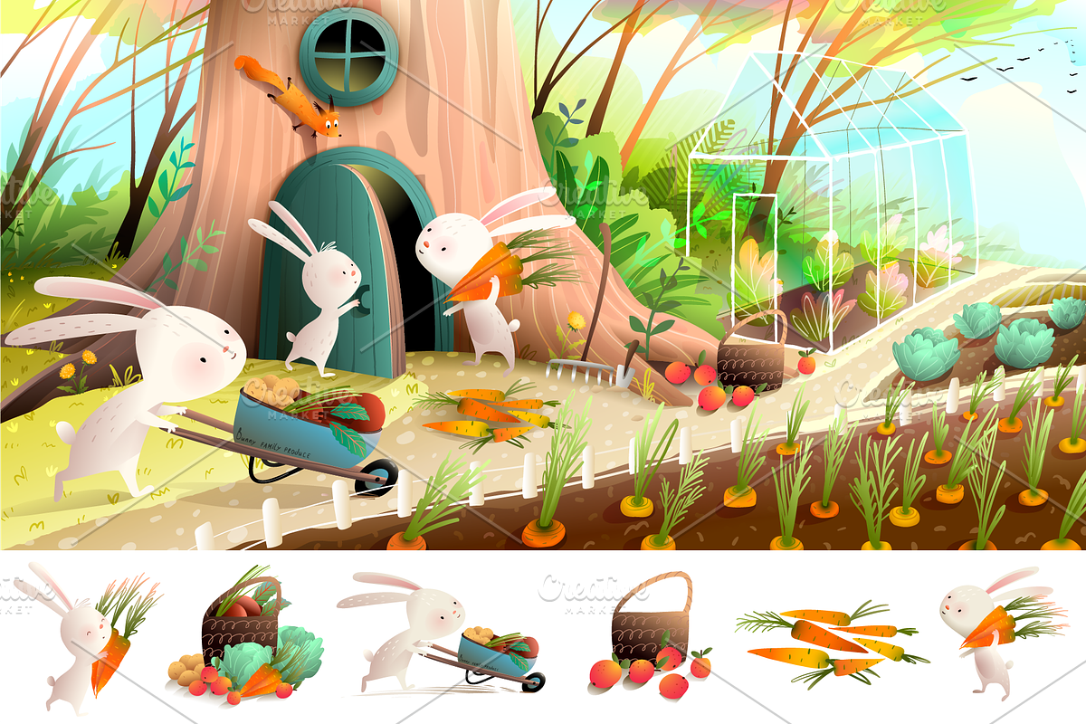 Rabbit Bunny Carrot Garden Harvest, an Animal Illustration by Popmarleo Shop