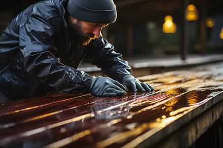 Worker in protective gloves painted wooden terrace., a Person Photo by AS photostudio