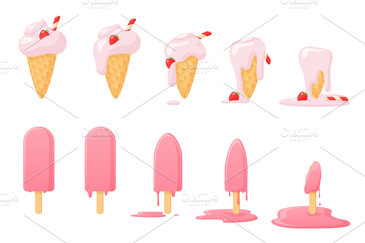 Melting ice cream set of animation, a Food Illustration by Lemberg Vector