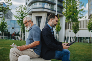 Father and adult son sitting back to, a Person Photo by HalfPoint