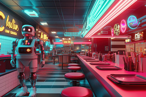 A futuristic diner scene featuring a robot standing at the counter. The diner i, an Arts & Entertainment Photo by Textures & Backgrounds