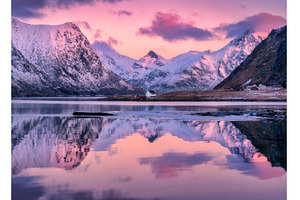 Pink sunrise, snowy mountains and, a Nature Photo by den-belitsky