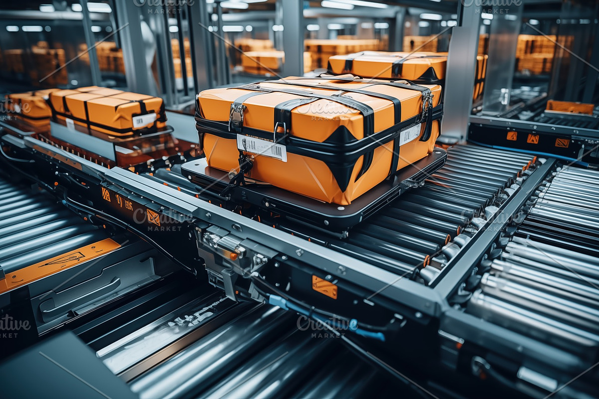 An automated conveyor system transporting orange and black packages in a wareho, an Industrial Photo by Textures & Backgrounds (Photo 2 of 2)