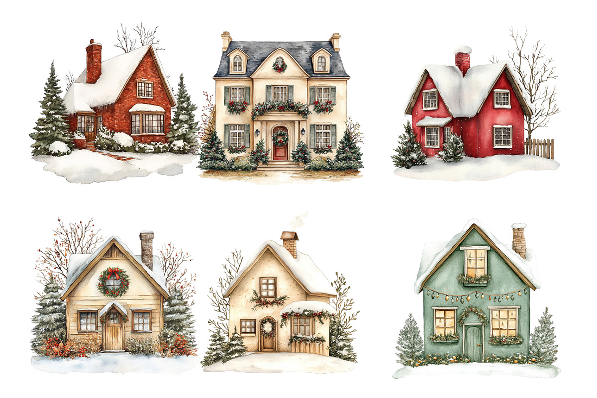 Watercolor Christmas Houses Clipart, an Illustration by SinaCreation (Photo 3 of 7)