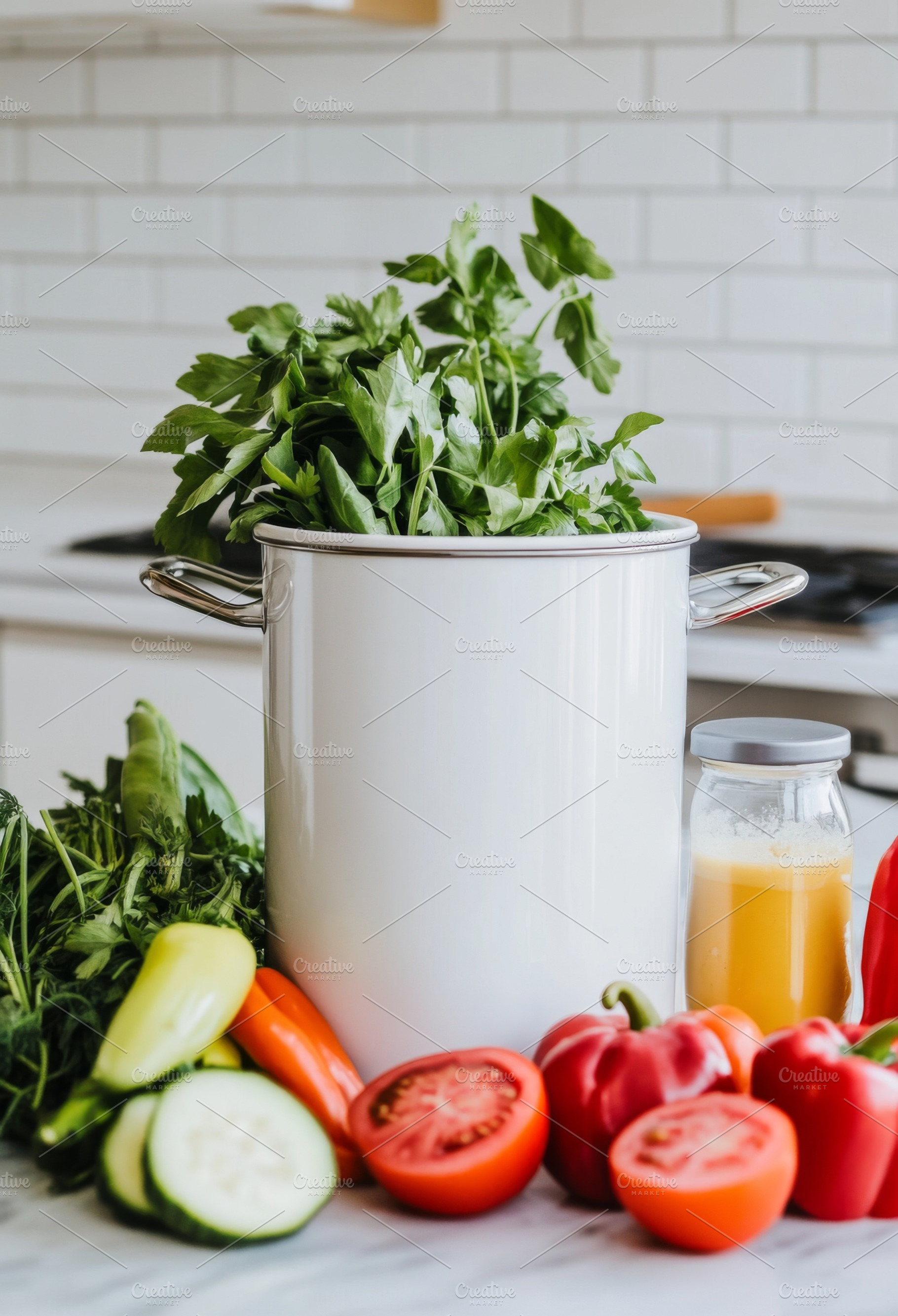 White pot with fresh herbs and veget, a Photo by Dvoevnore photos