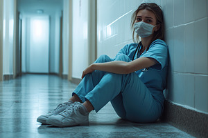 Tired woman nurse after a hard day at work, a Health & Medical Photo by AlyaAnd