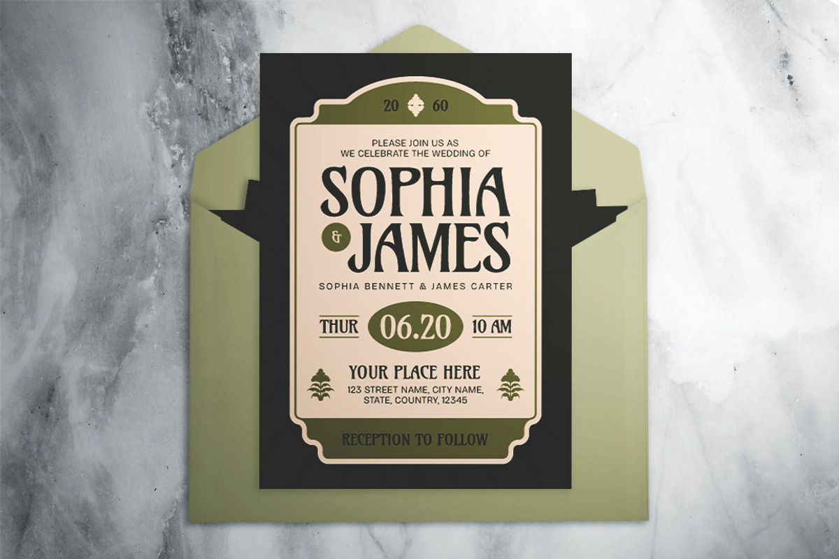 Green Beige Organic Retro Invitation, an Invitation Template by The Good Store (Photo 2 of 4)