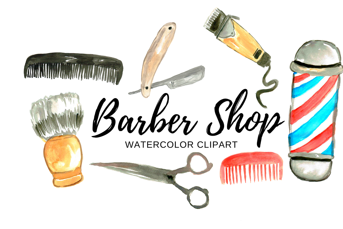 Watercolor barber shop clipart, an Illustration by Writelovely (Photo 1 of 2)