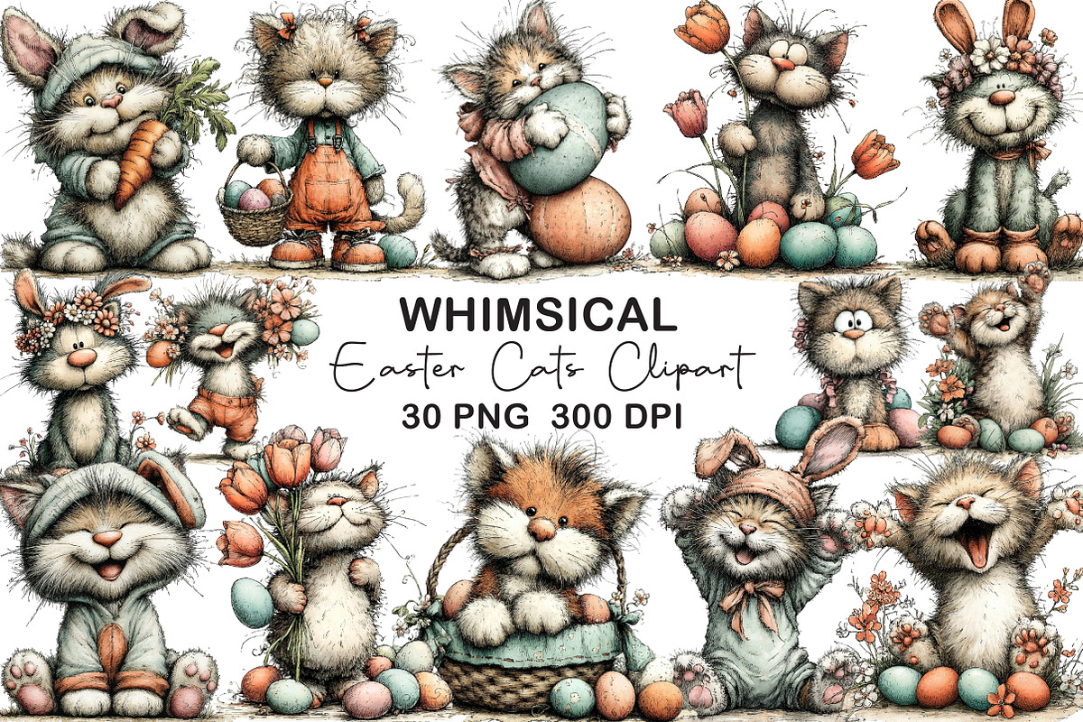 Whimsical Easter Cats Clipart, an Illustration by CraftArtStudio (Photo 1 of 6)