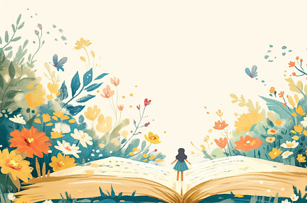 Imaginative journey of a girl exploring a whimsical book world