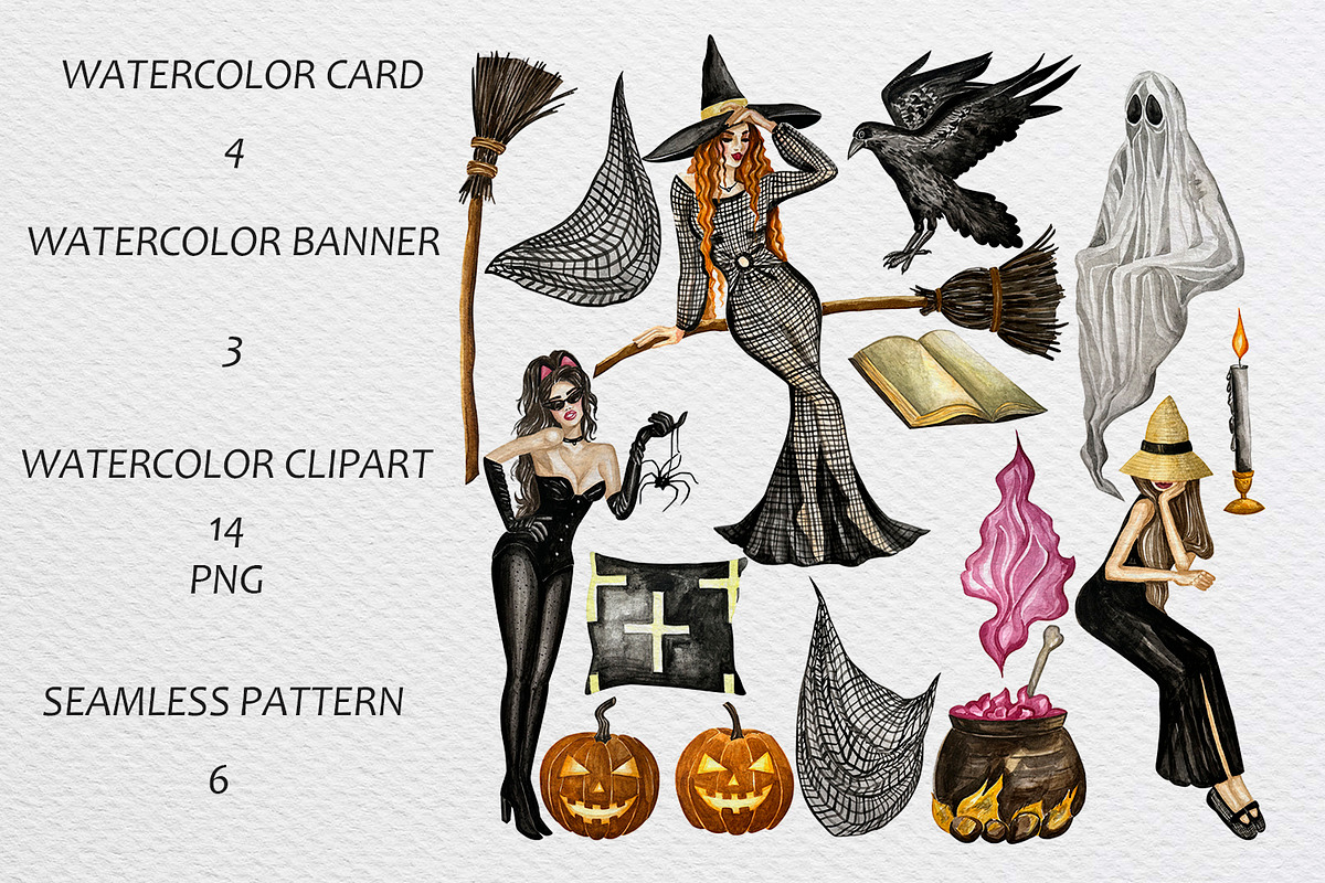 Watercolor Halloween Witch Broom Set, a Background Graphic by Fresh art by Larysa (Photo 2 of 6)