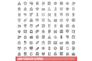 100 coach icons set, outline style, an Object Illustration by Ylivdesign