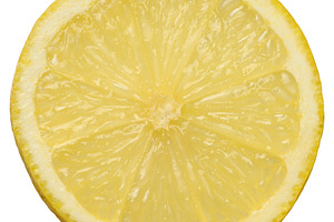 Round piece of lemon on isolated background, a Food & Drink Photo by ndanko