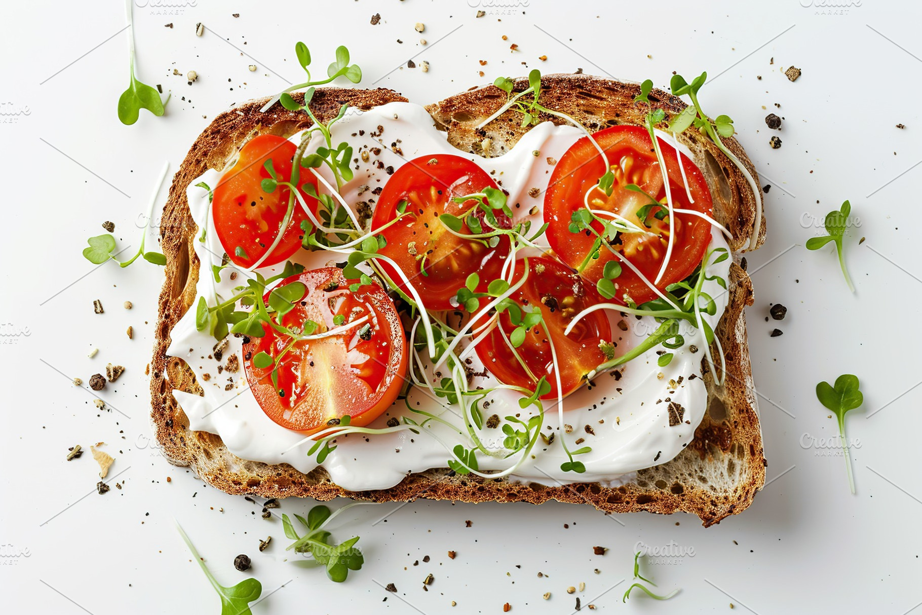 Sandwich with cream cheese, microgreens and tomatoes on white background, a Food & Drink Photo by AlyaAnd