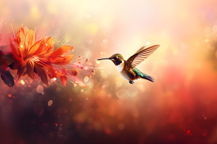 a hummingbird in flight over a a red, an Animal Photo by AvalgaCollectiblesan
