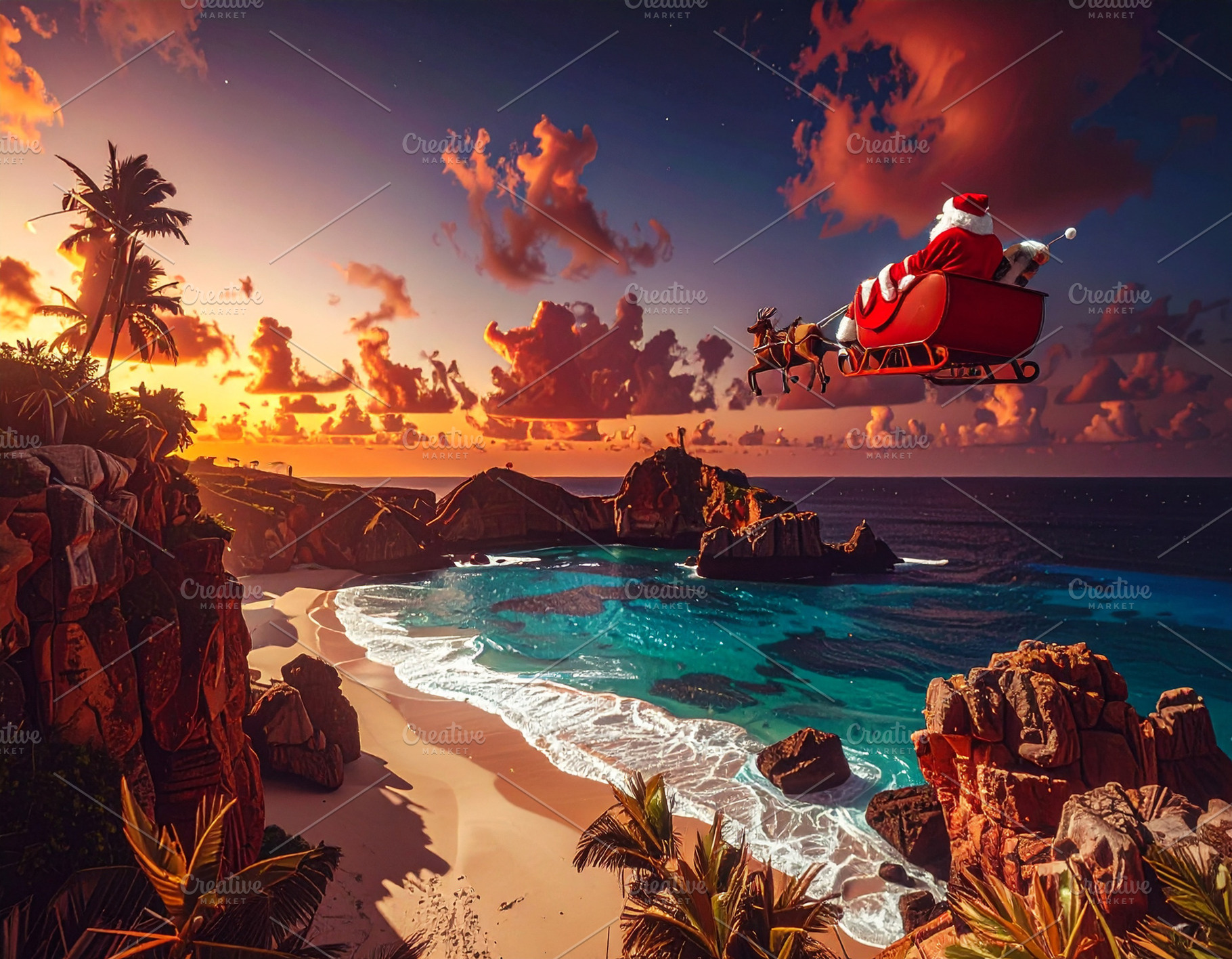 Santa Claus flying over beach rocky landscape, a Holiday Photo by DanFLCreativo
