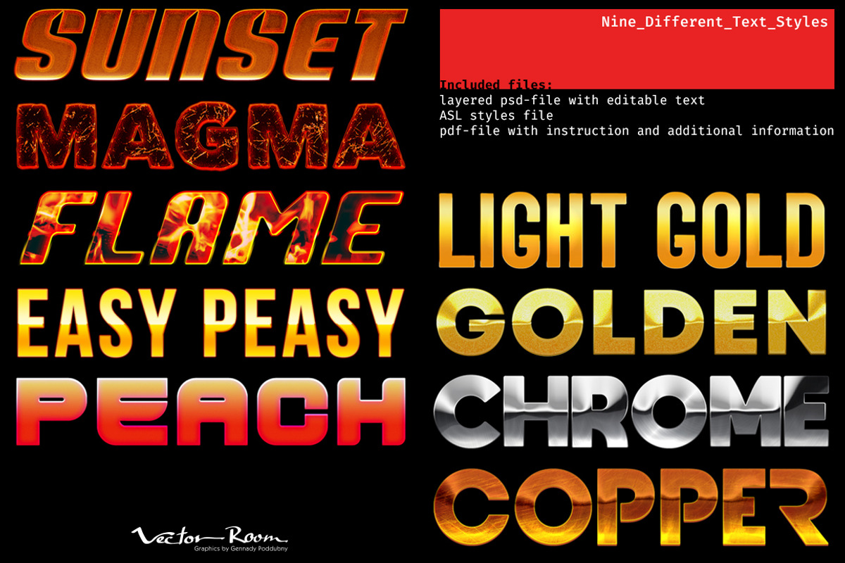 Nine Different Text Styles, a Layer Style Add-On by Vector Room