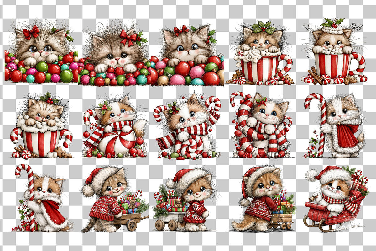 Whimsical Christmas Cats Clipart, a Seasonal Illustration by Nicolle's Colorful Art (Photo 3 of 6)