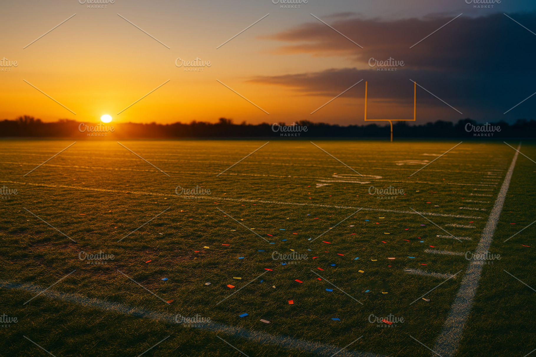 Football field at sunset with goalpo, a Photo by Dvoevnore photos