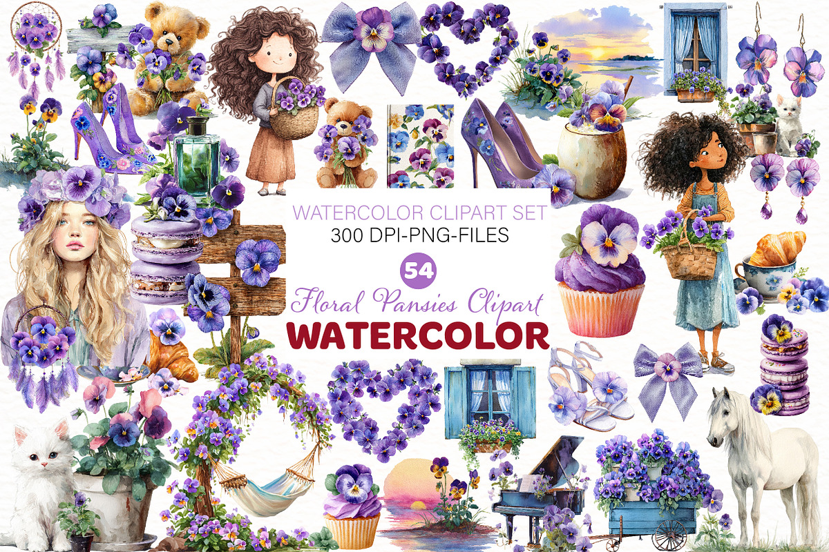 Watercolor Floral Pansies Clipart, an Illustration by Designworld (Photo 1 of 6)