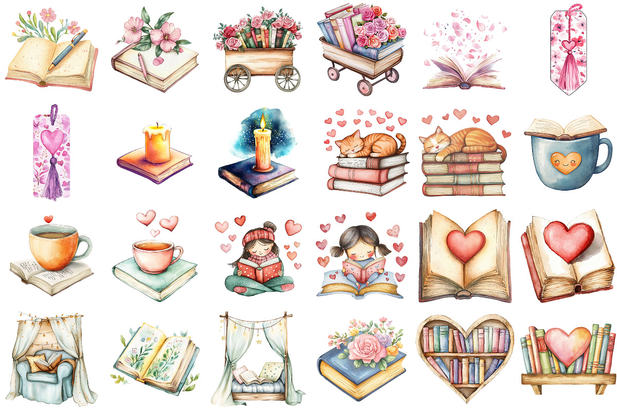 Bookish Lover Clipart, an Illustration by Watercolor design (Photo 2 of 9)