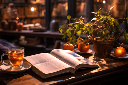 Cozy reading corner with tea and a b, a School & Education Photo by Perpis